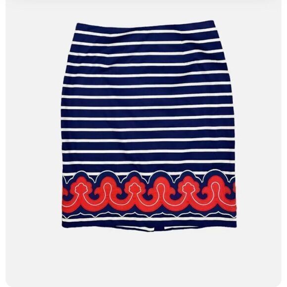Vineyard Vines Navy and White Stripe Skirt with Orange Embroidery Hem - Picture 1 of 7